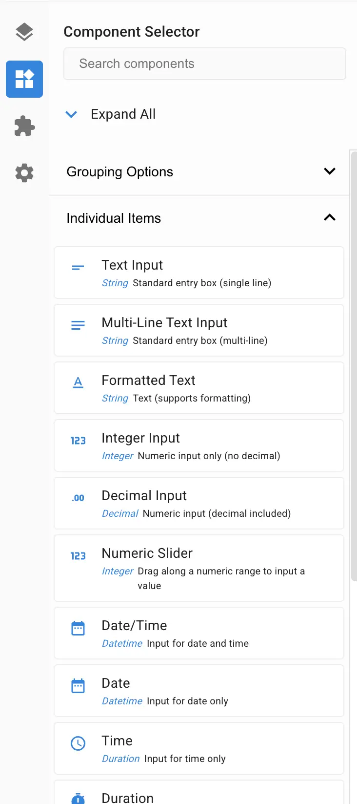 Mirata Component Selector panel showing Individual Items like Text Input, Integer Input, and Date/Time.