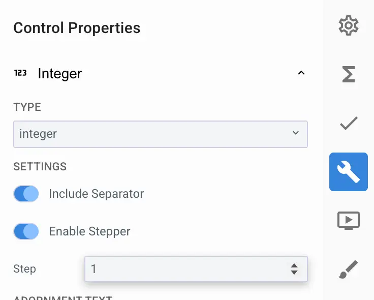 Mirata Control Properties panel for Integer input configuration
