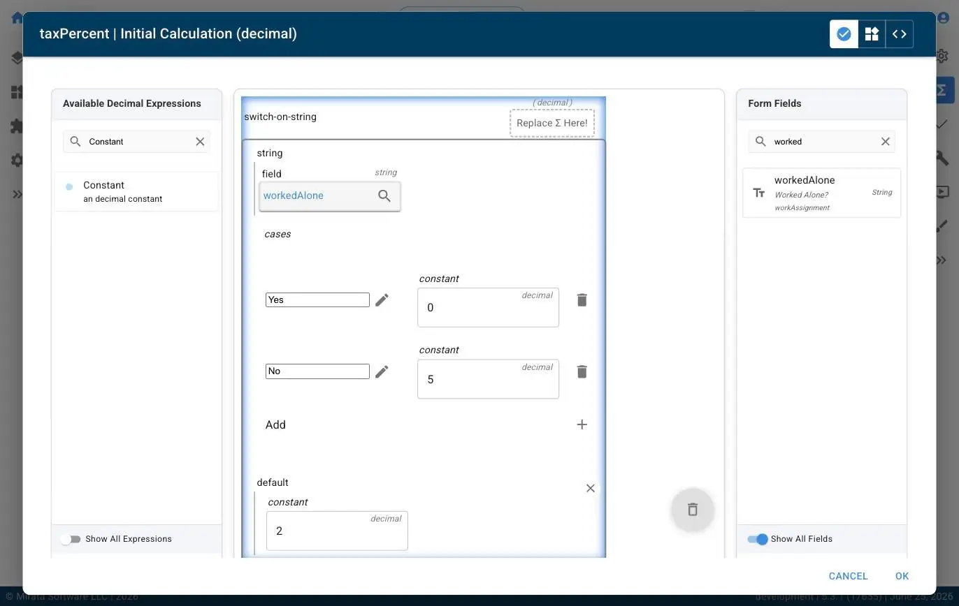 This screenshot shows the Mirata platform's expression builder, where users can define calculations and logic for their digital forms. The interface allows for the creation of conditional logic, such as a switch-on-string expression, to determine outcomes based on specific field values like 'workedAlone'.