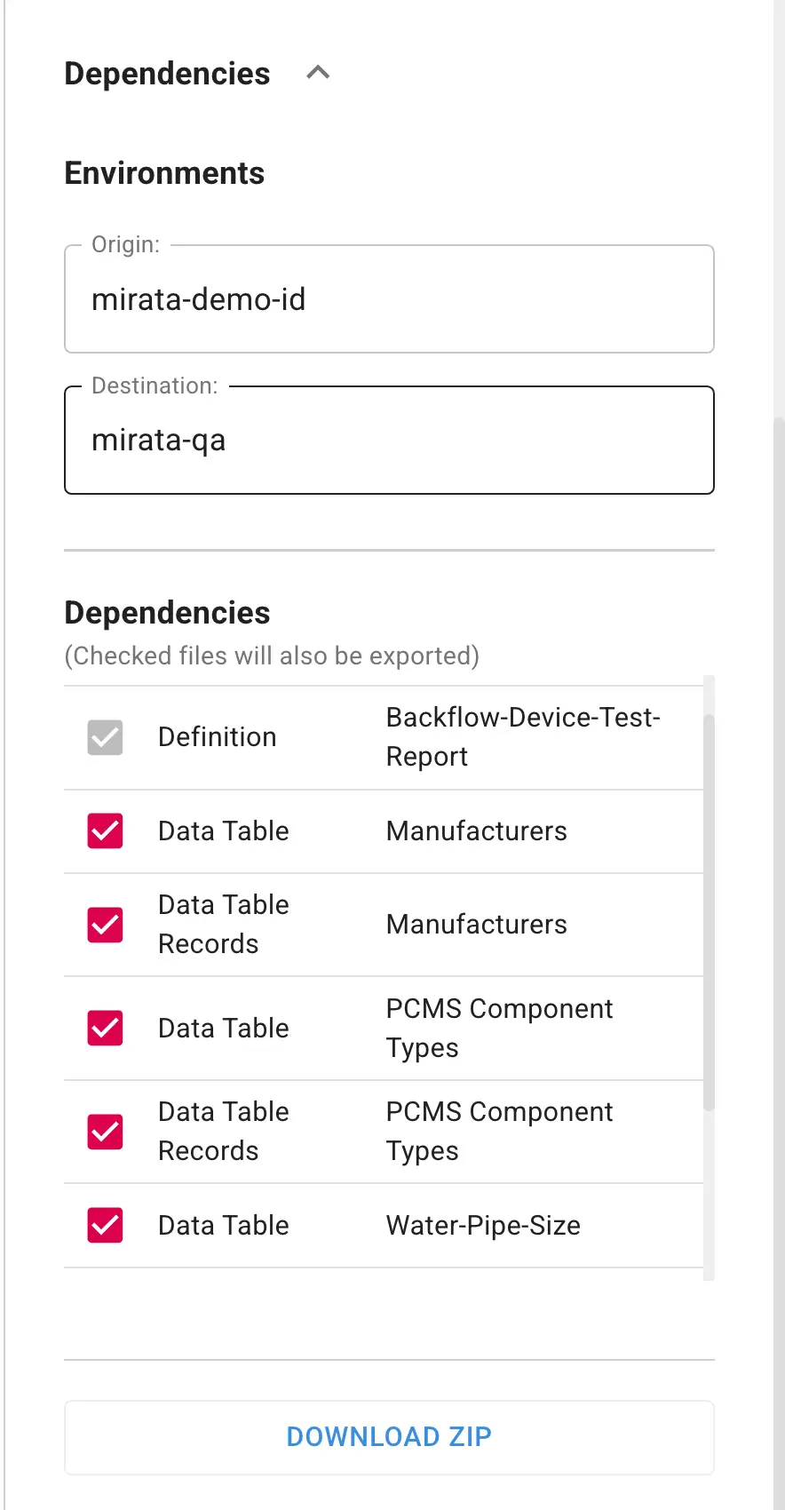Mirata platform promoting forms between environments with dependencies and download option.
