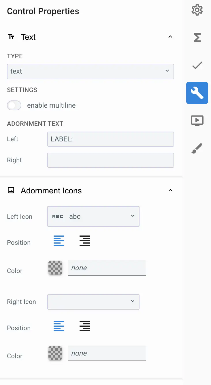 Mirata Control Properties panel for text input configuration