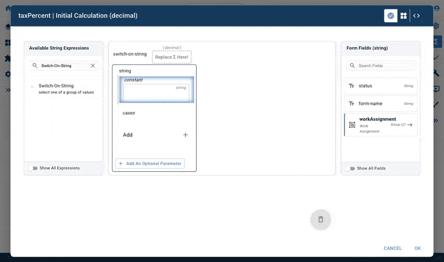 Mirata Calc Editor for taxPercent Initial Calculation with Switch-On-String expression setup