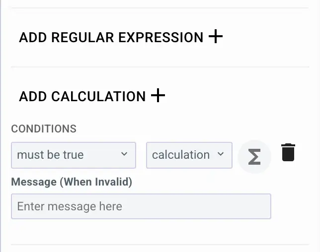 Mirata form field validation options with add regular expression and calculation features.