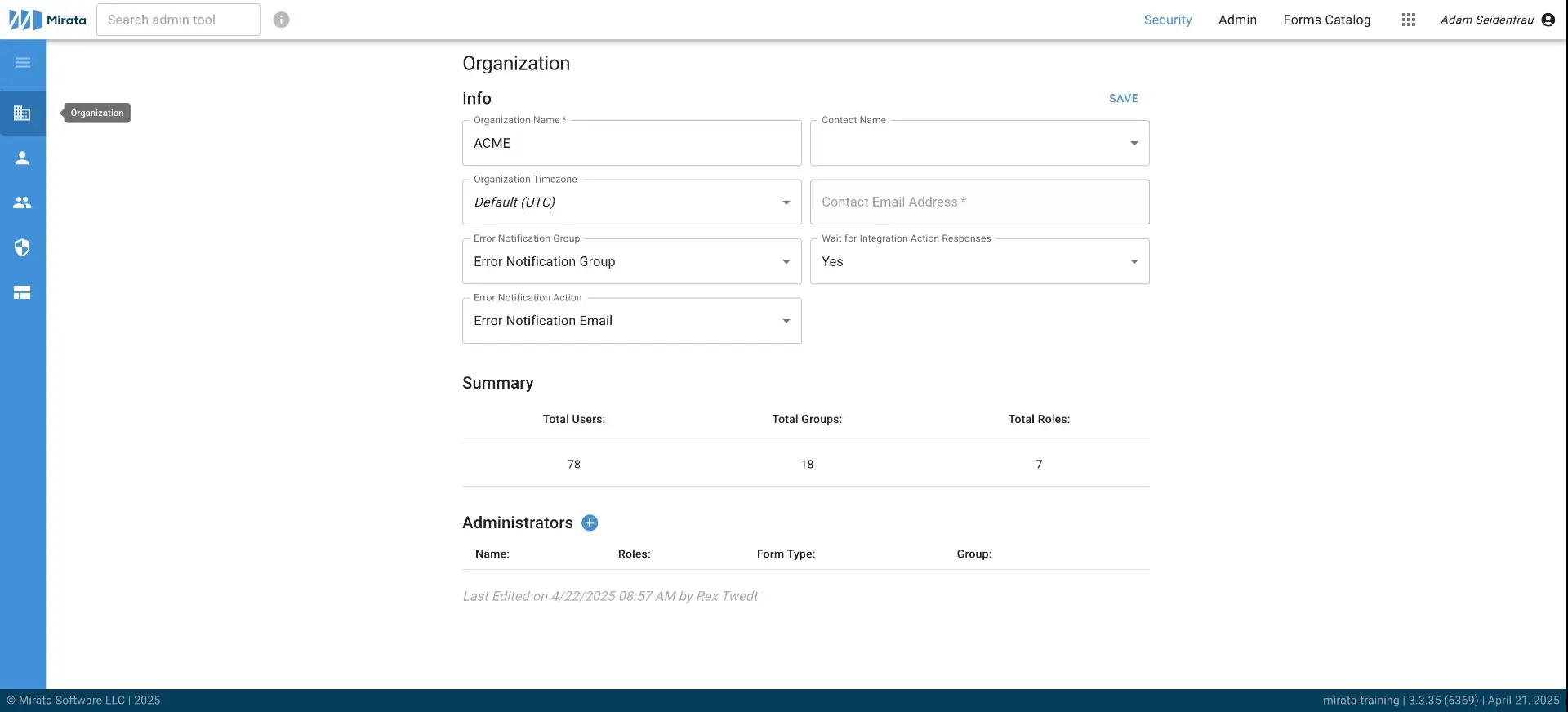 Mirata Organization settings page for establishing timezone and managing security features.