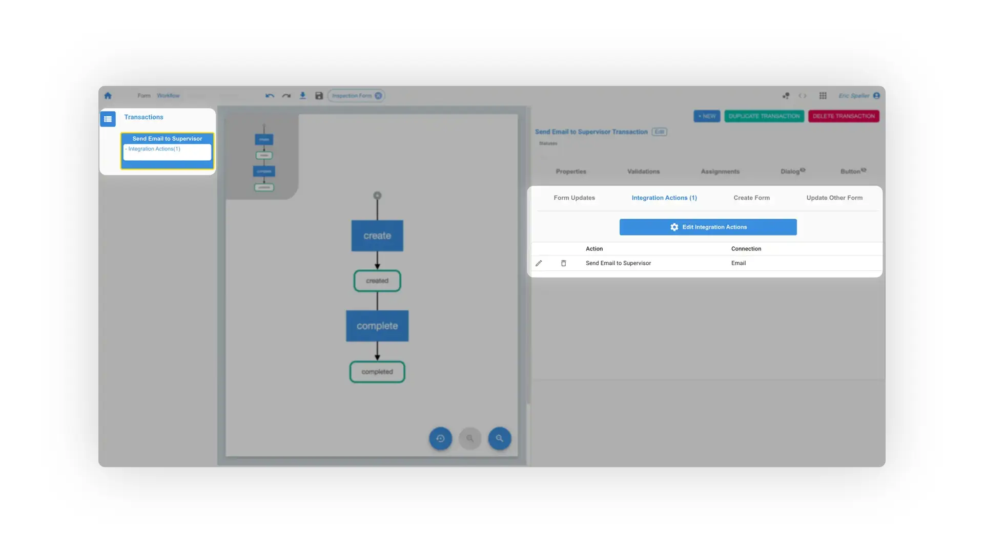 Mirata workflow transition screen showing 'Send Email to Supervisor' transaction with integration actions.