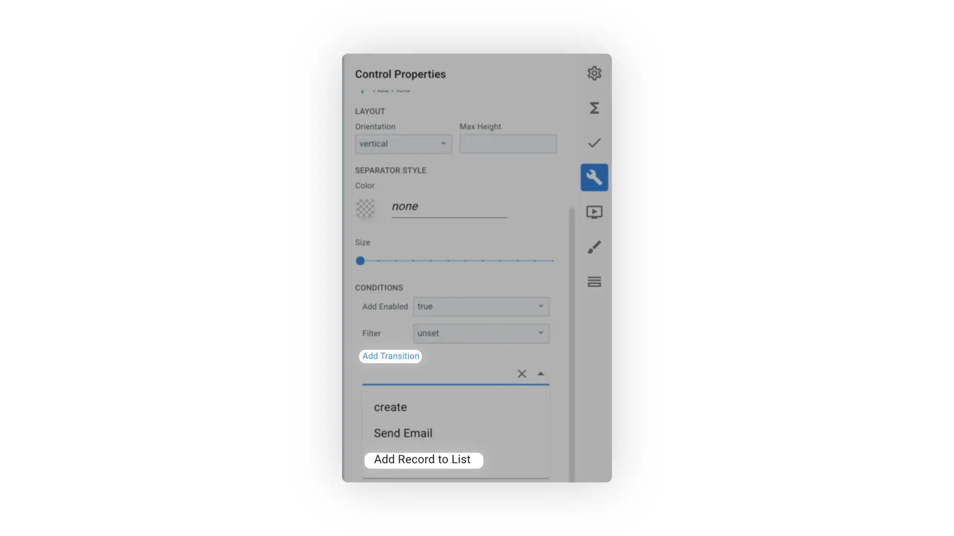 Mirata Control Properties panel for form configuration with layout, separator style, and conditions settings.