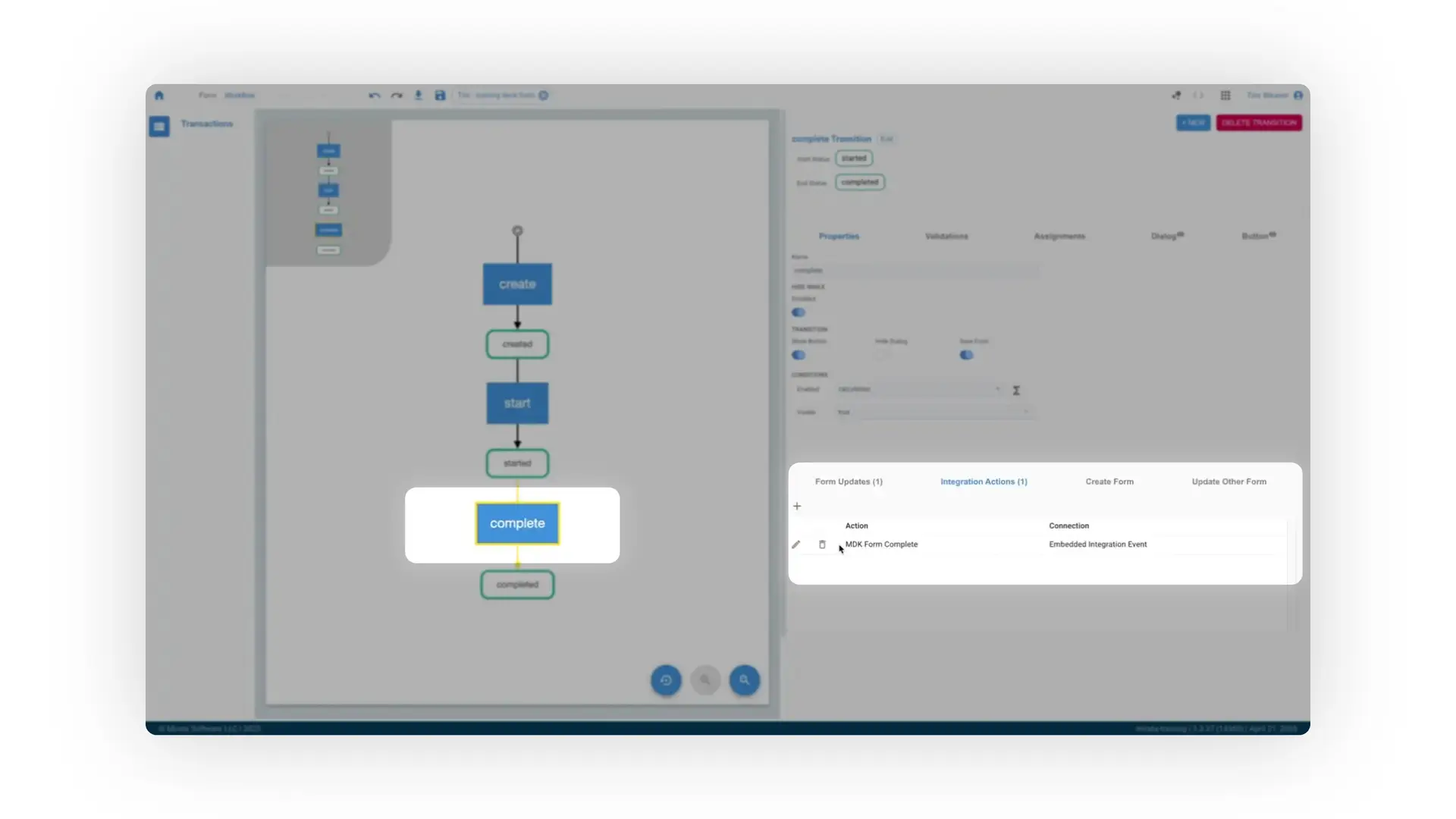 The screenshot shows the Mirata Forms Designer interface, focusing on the workflow of a form. The user is editing the 'complete' transition, with options for properties, validations, assignments, and integration actions.