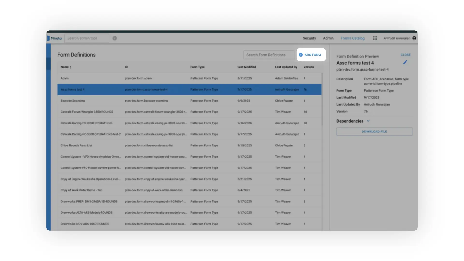 Mirata Forms Catalog - Form Definitions page with Assc forms test 4 selected