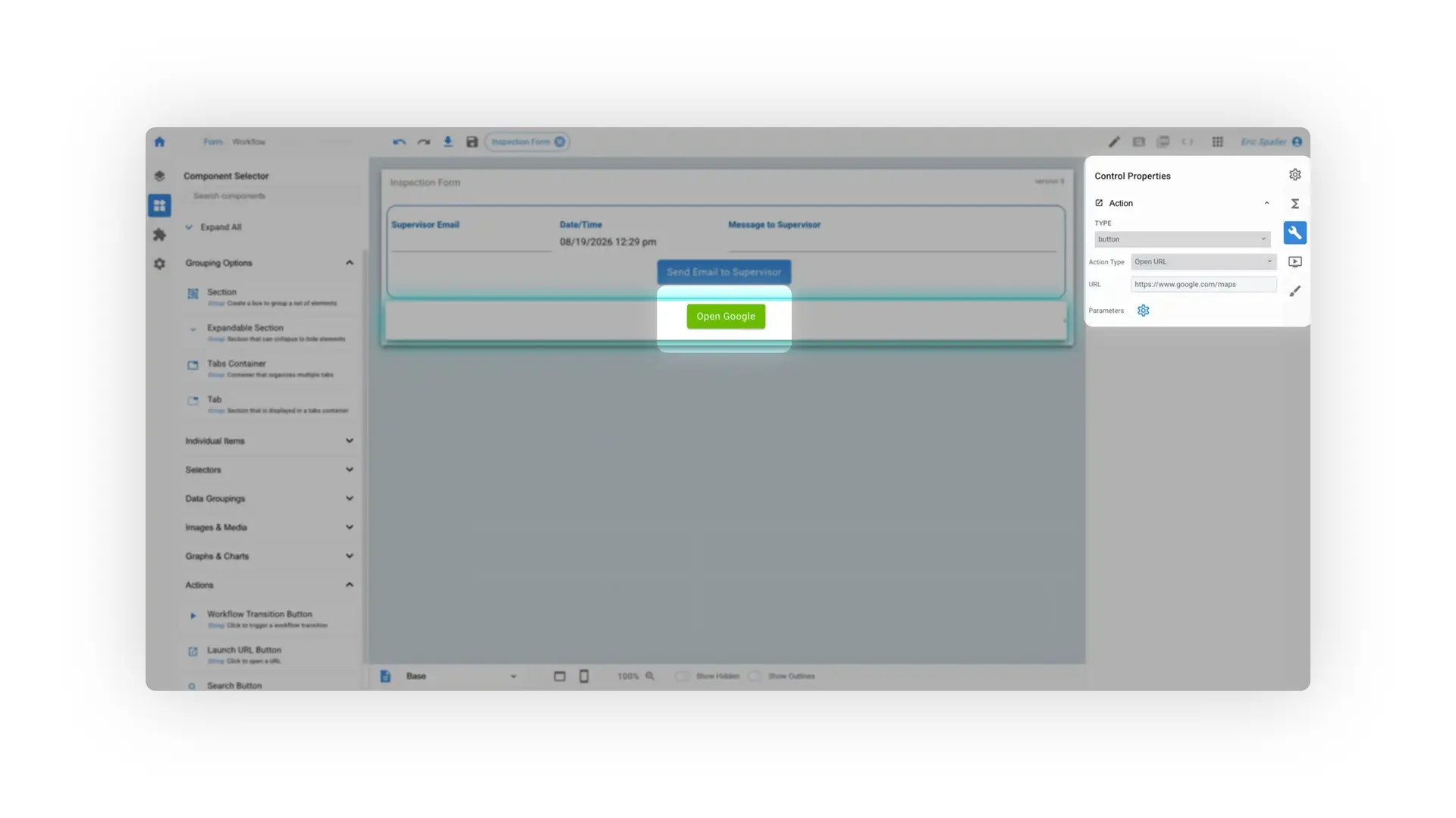 Mirata platform interface showing Inspection Form with component selector and control properties.
