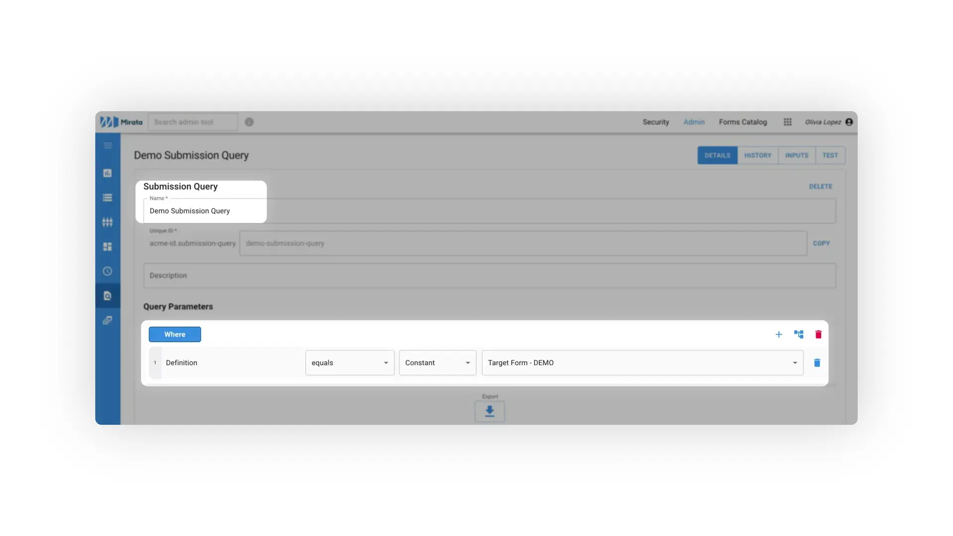 Mirata Admin Demo Submission Query page