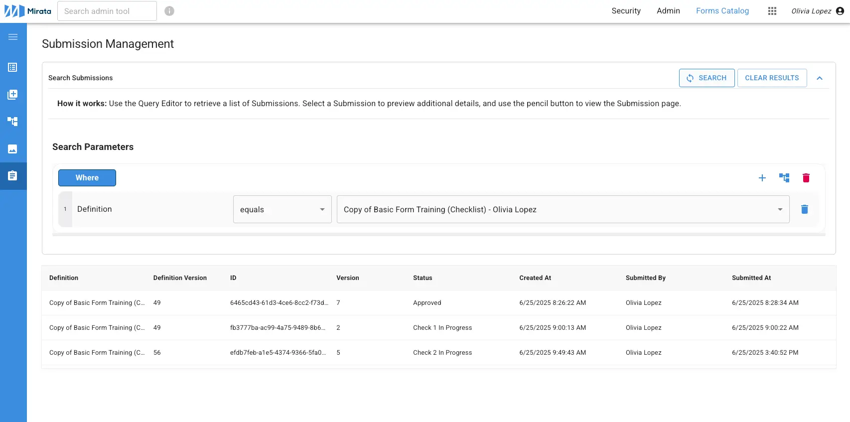 Mirata Submission Management page showing search parameters and submission list.