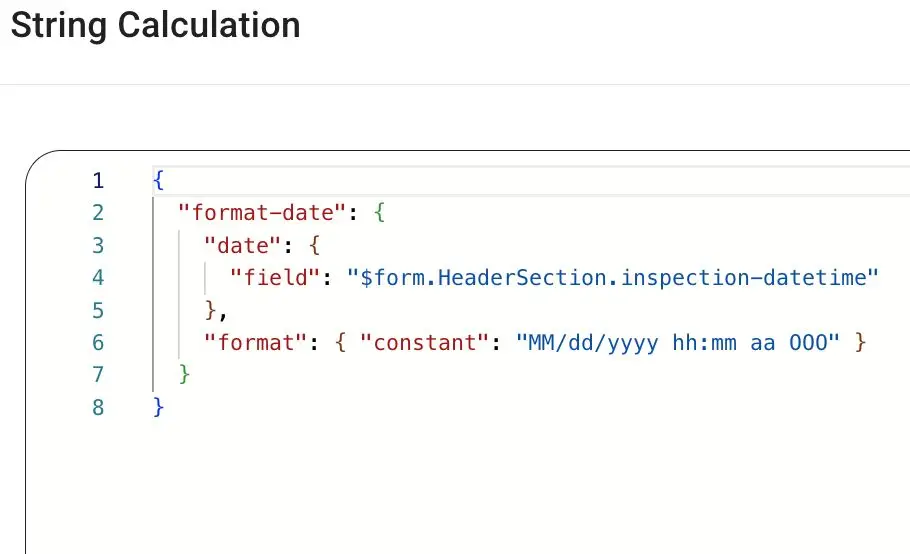 This screenshot demonstrates a string calculation within the Mirata platform, specifically formatting a date field from a form using a specified format.