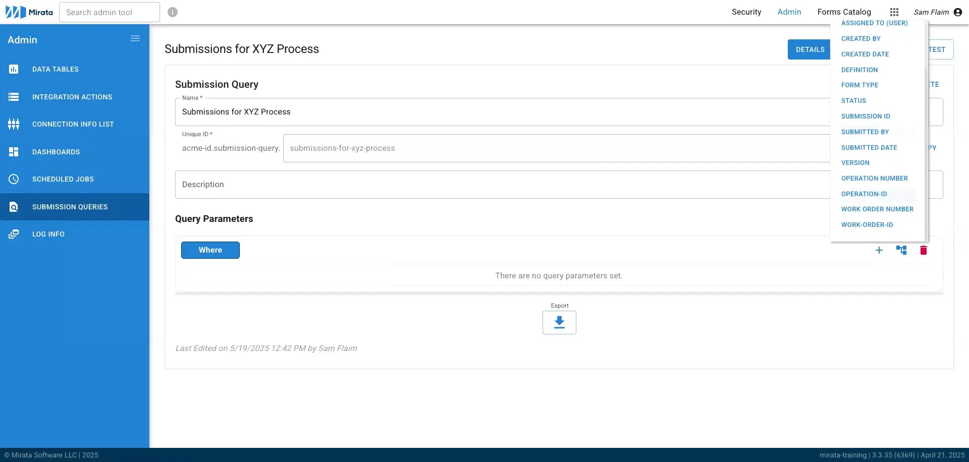 Mirata platform Submission Queries page for XYZ Process showing query form and parameters.