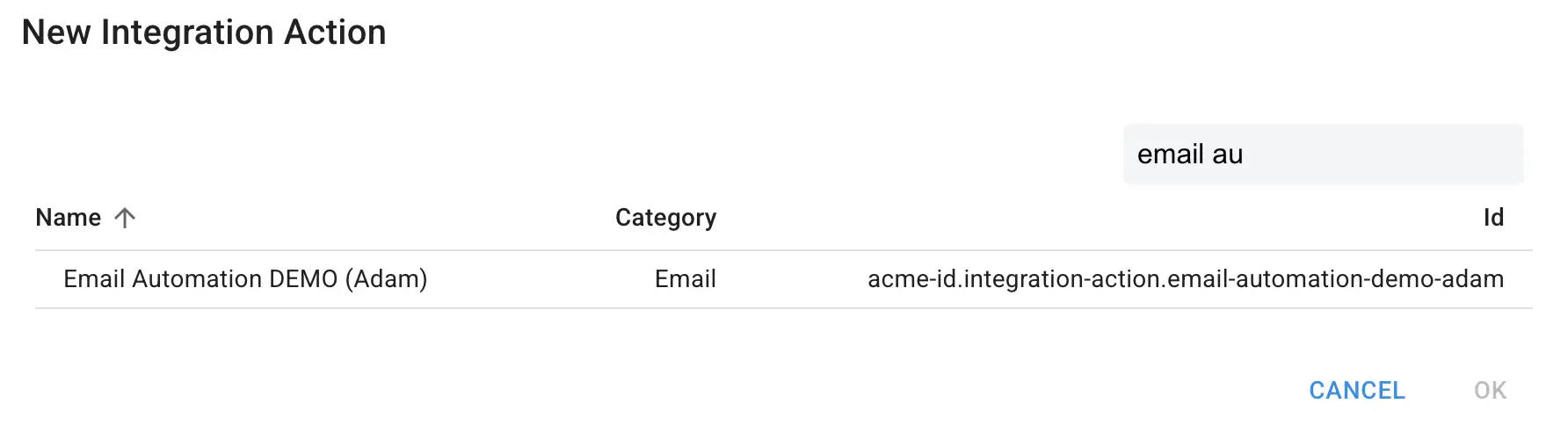 Mirata New Integration Action screen for email automation workflow