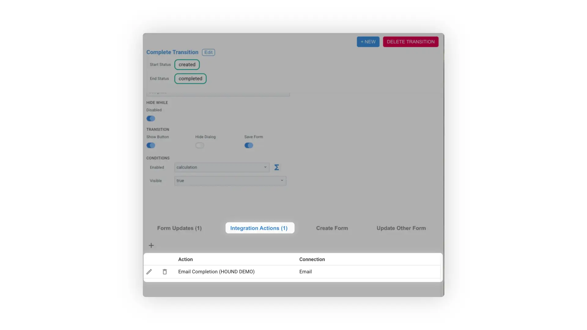 Mirata workflow complete transition configuration screen showing integration actions.