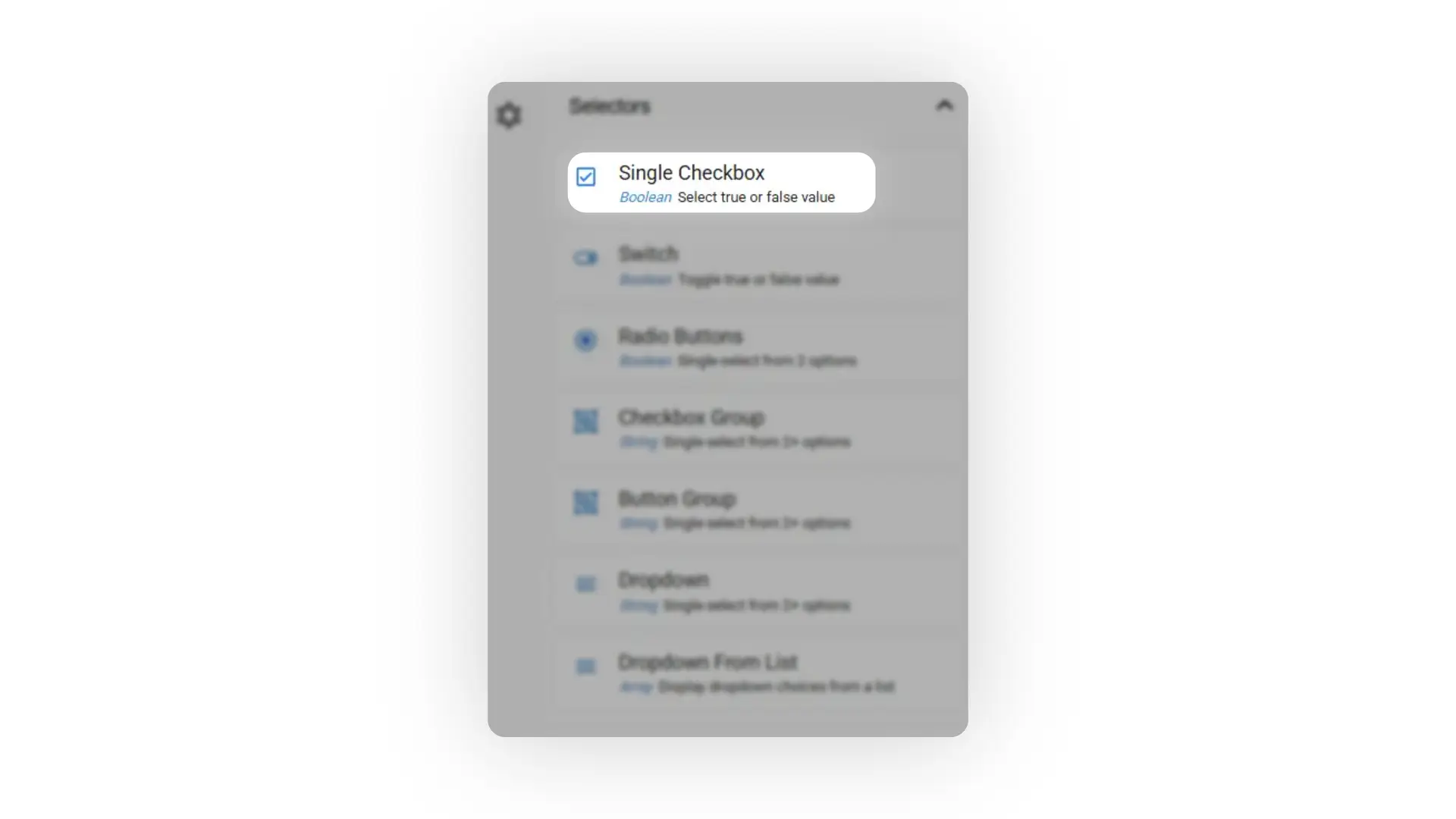 Mirata Selectors Component Reference Section showing options like Single Checkbox, Switch, Radio Buttons, Checkbox Group, Button Group, Dropdown, and Dropdown From List.