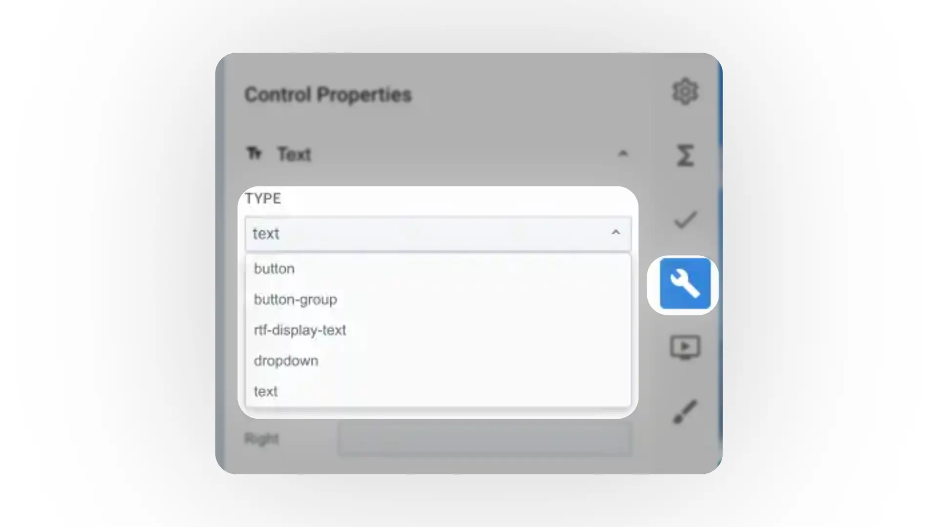 Mirata Forms Control Properties panel showing text field type options