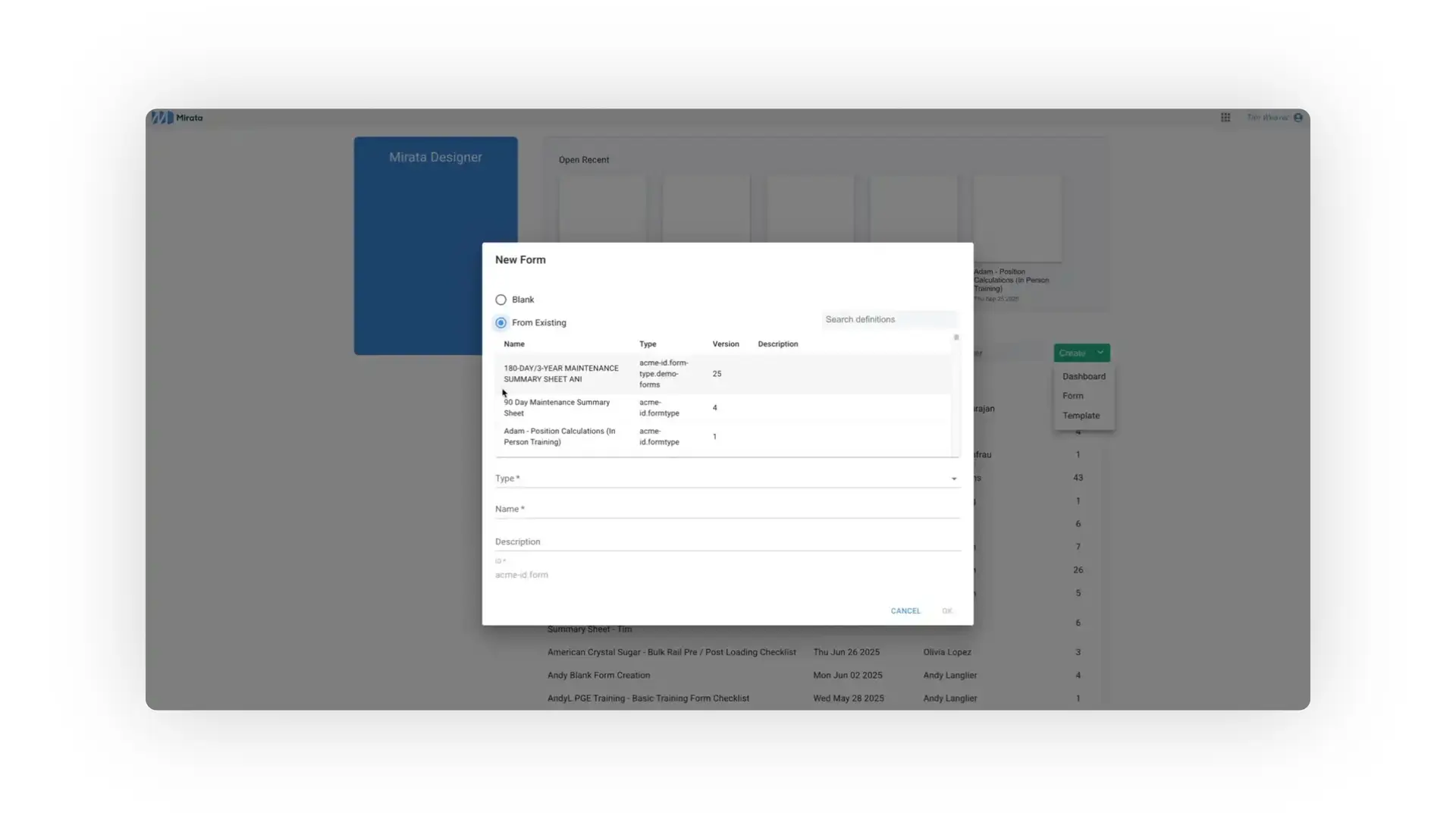 The user is in the Mirata Forms Designer and is creating a new form. The user has the option to create a form from scratch or from an existing template.