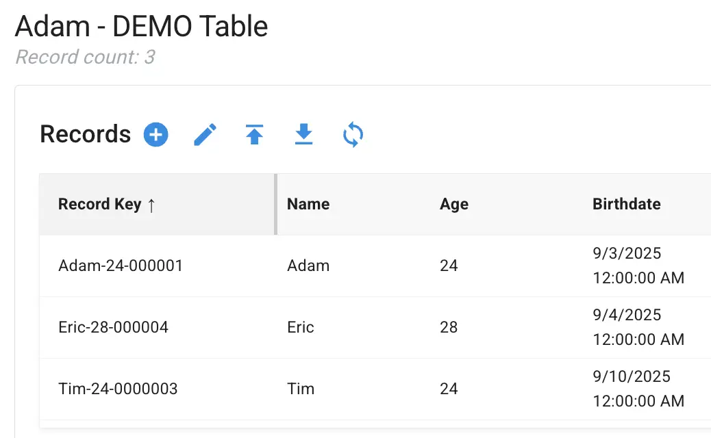 Adam - DEMO Table in Mirata Data Management feature showing records with columns for Record Key, Name, Age, and Birthdate.