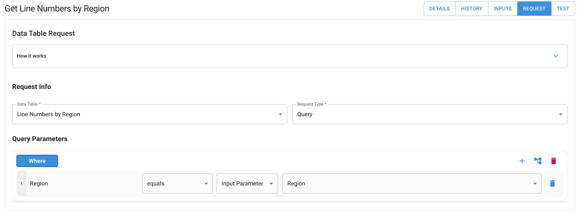 Mirata platform screen for creating a dependent dropdown in forms, showing data table request setup for 'Get Line Numbers by Region'.