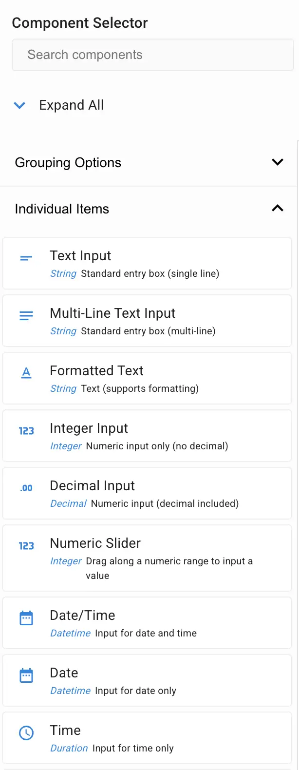 Mirata Component Selector showing Individual Items like Text Input, Multi-Line Text Input, Formatted Text, Integer Input, Decimal Input, Numeric Slider, Date/Time, Date, and Time.