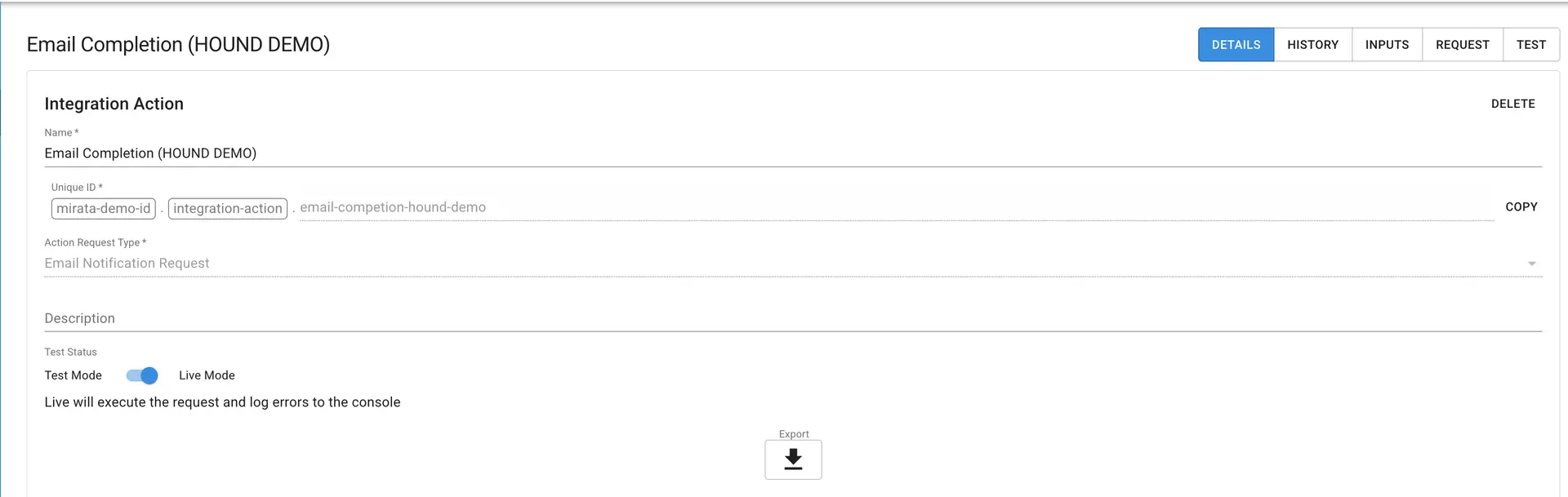 Mirata Integration Action Email Completion HOUND DEMO Details