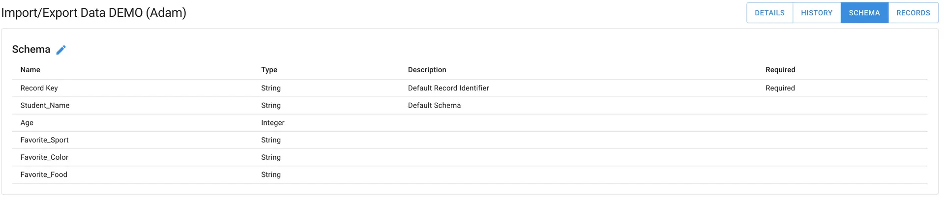 Mirata Import/Export Data DEMO Schema tab