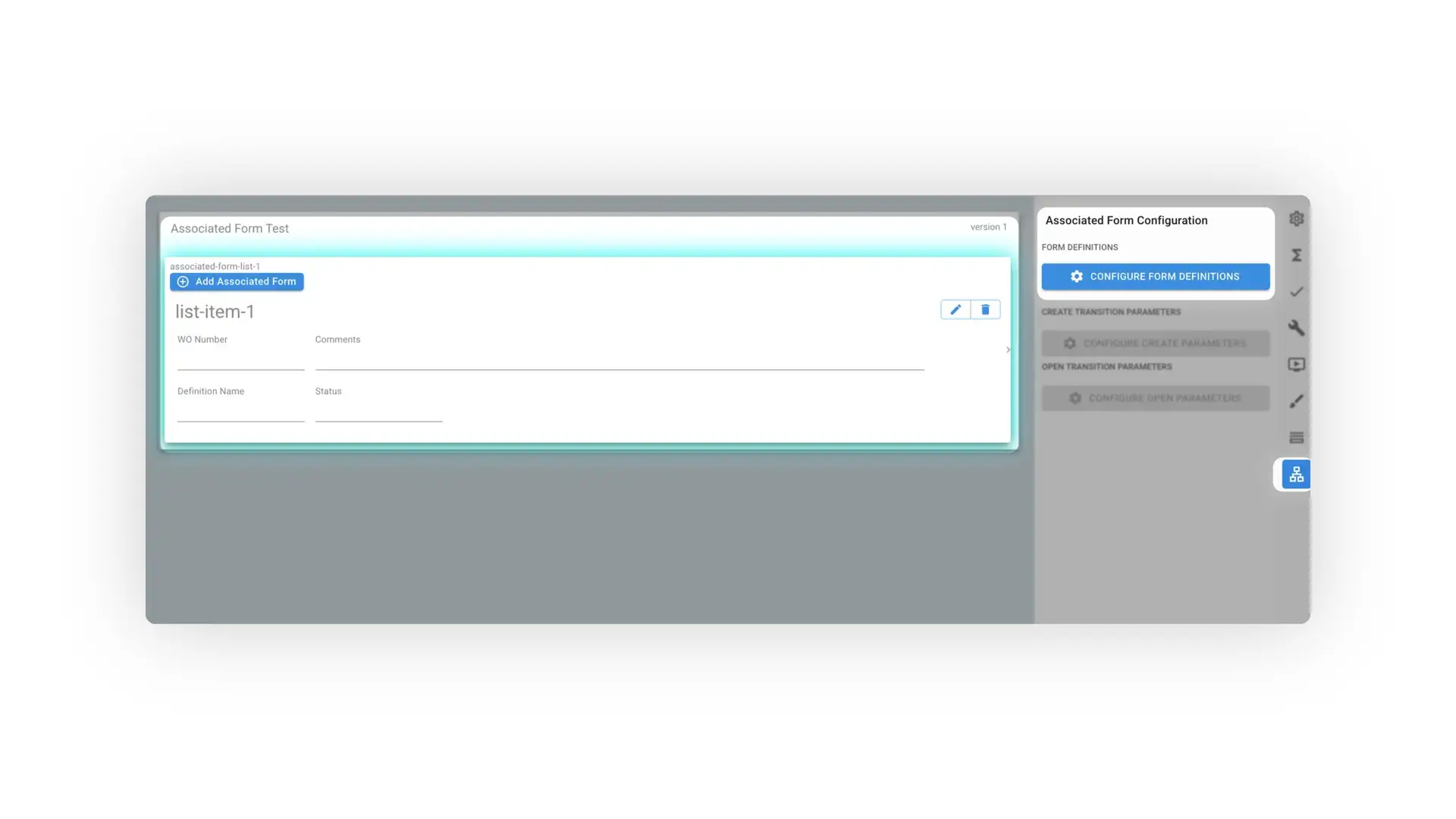 Mirata platform Associated Form Test screen showing form configuration options