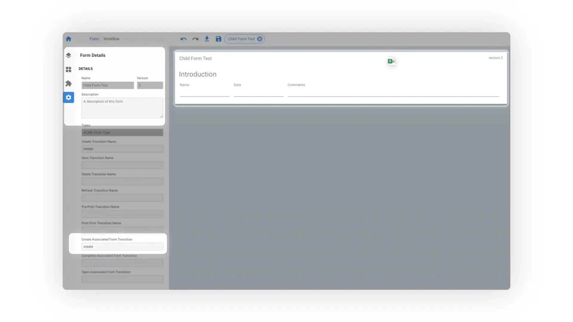 Mirata platform Form Details page for Child Form Test version 2