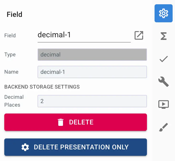 Mirata platform decimal input field configuration screen with settings and delete options.