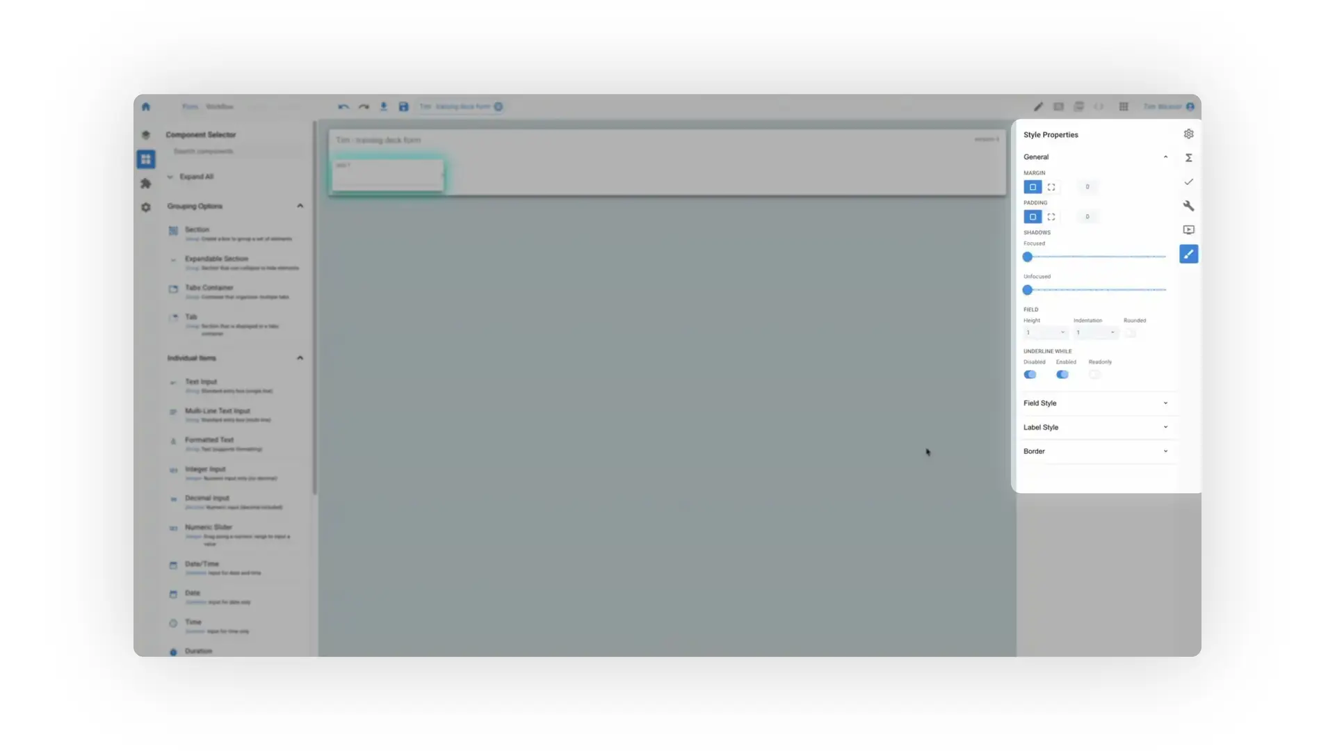 The user is in the Mirata Forms Designer, editing a form. On the right, the properties panel is open, showing the style properties for a selected field.