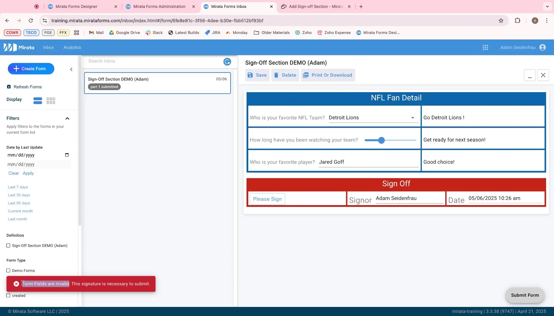 Mirata Workflows Sign-Off Section DEMO interface with NFL Fan Detail form and sign-off fields.