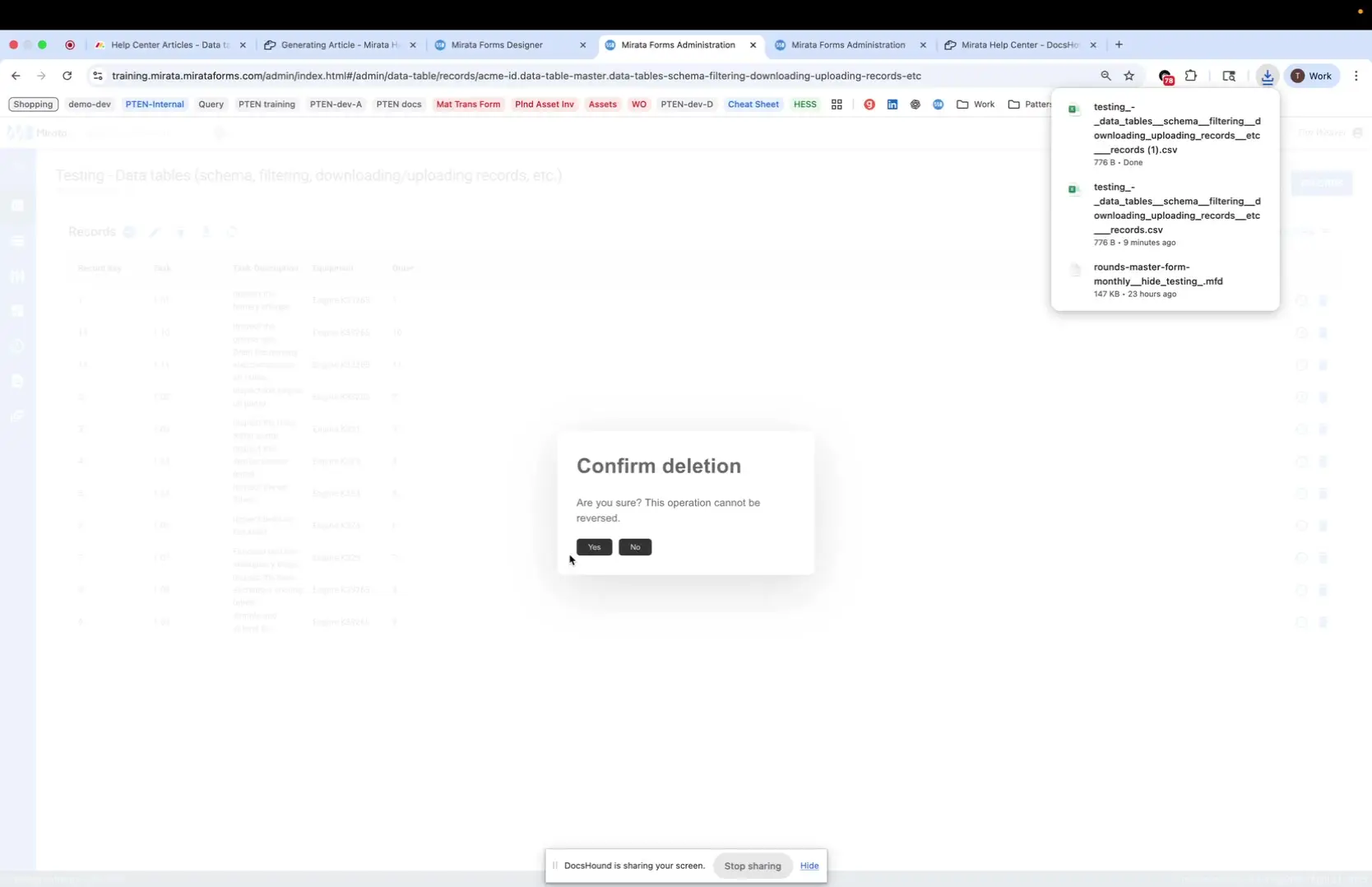 The user is presented with a confirmation dialog asking if they are sure they want to delete a record.