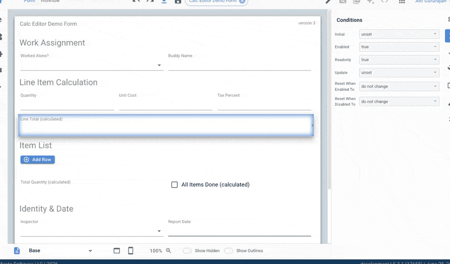 Mirata Calc Editor Demo Form with Conditions panel for composing multi-level expressions