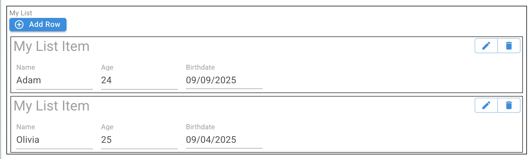 Mirata Forms - My List with Add Row button and list items for Adam and Olivia