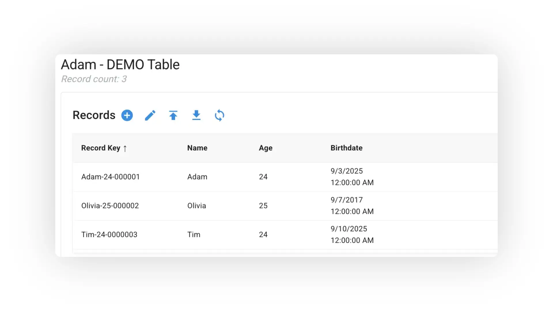 Mirata Data Management - Adam DEMO Table with 3 records
