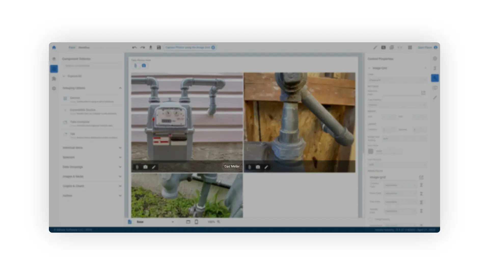 Mirata Forms Add Image Grid screen showing component selector, image grid, and control properties.