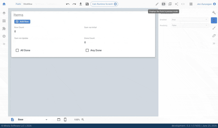 Mirata Calc Editor interface for aggregating array data in a form.