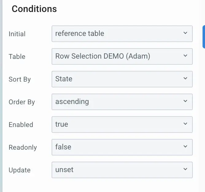 Mirata Forms Conditions settings for row selection in an array field