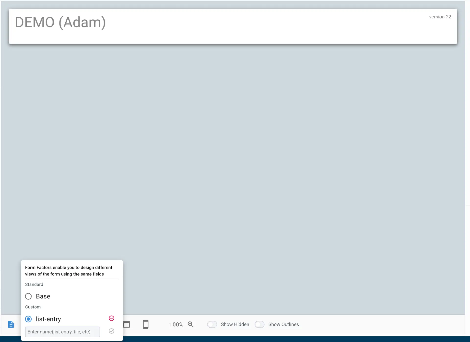 Mirata Forms interface for creating customized list entries in inbox, version 22