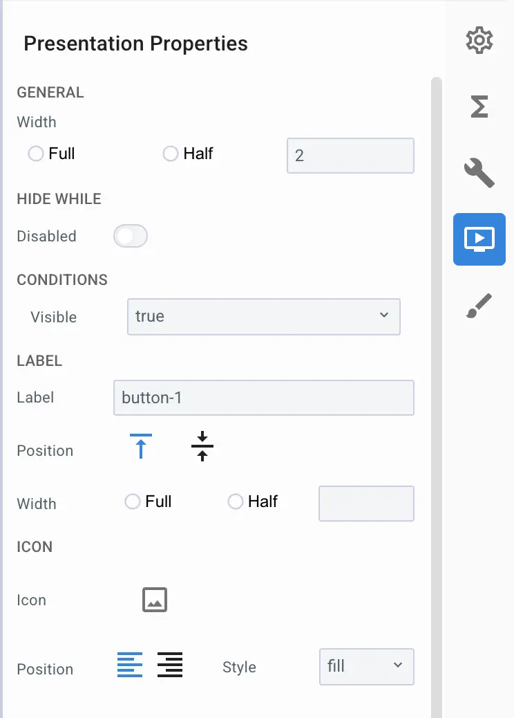Mirata Forms Presentation Properties panel for button styling