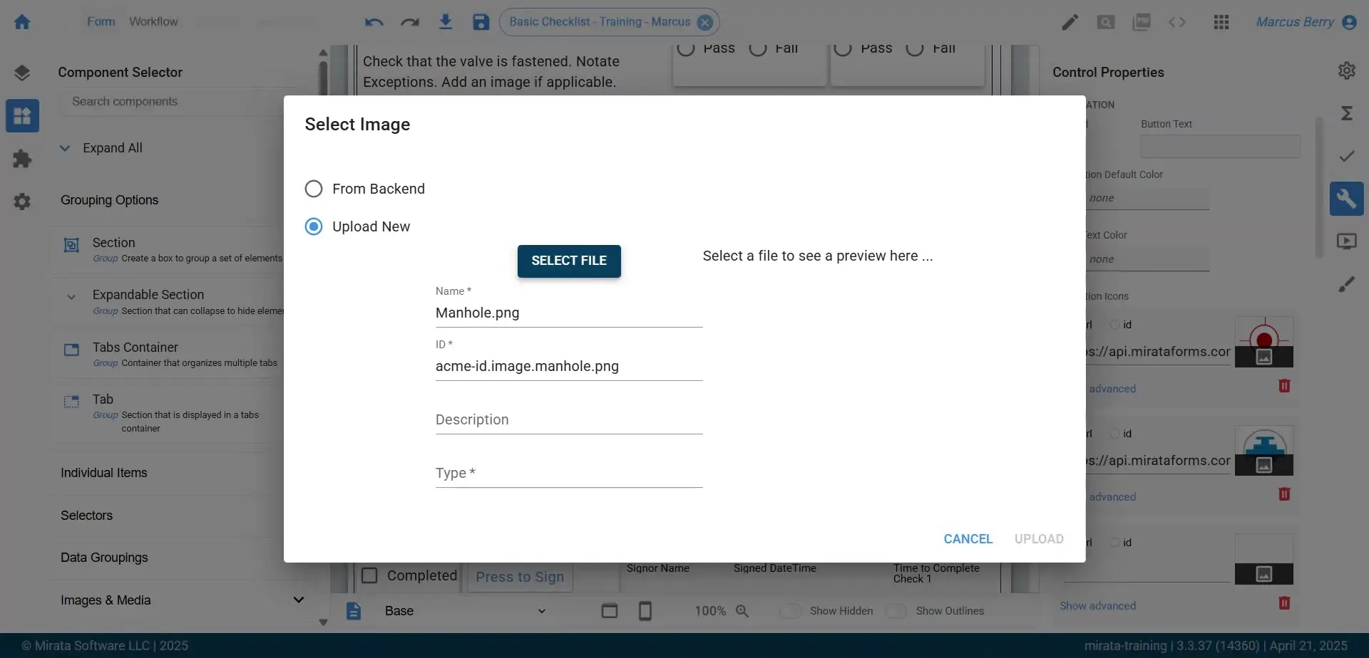The user is in the process of uploading a new image, as indicated by the 'Upload New' option being selected in the 'Select Image' dialog. The user has entered the image name and ID, and is about to select a file to upload.
