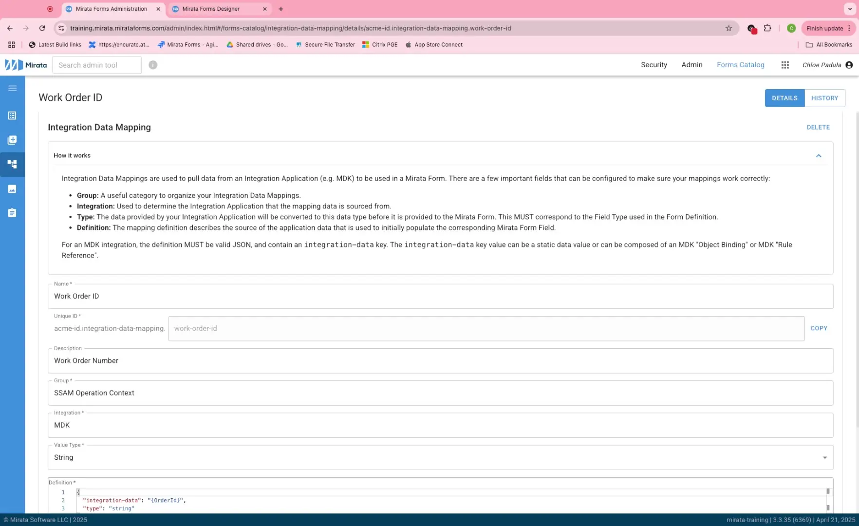 Mirata Forms Administration - Integration Data Mapping for Work Order ID