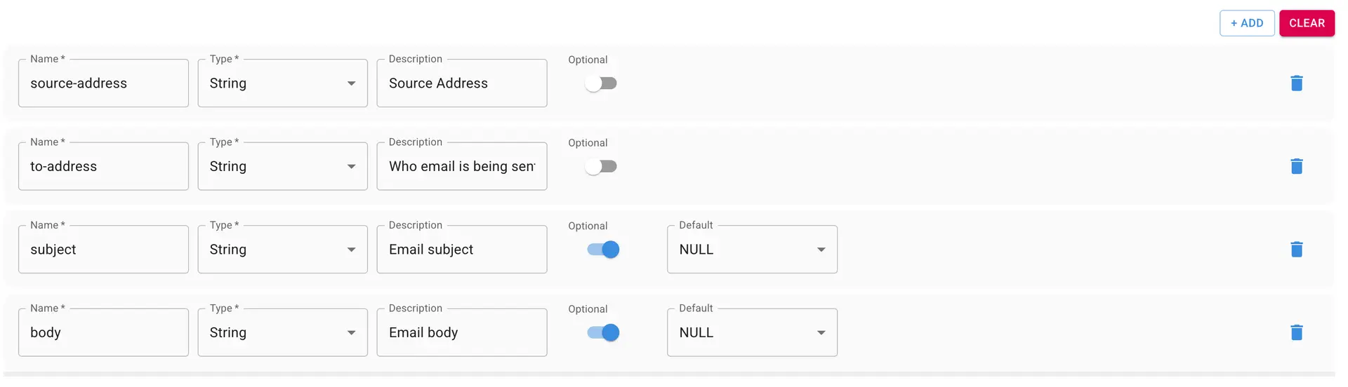 Mirata Email Automation Workflows configuration screen showing email parameters setup.