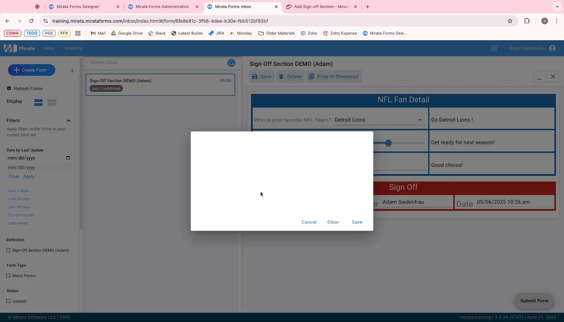 Mirata Forms Inbox showing Sign-Off Section DEMO with NFL Fan Detail form.