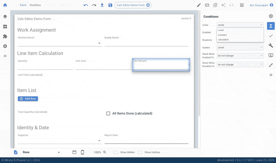 Mirata Calc Editor Demo Form with branching conditions and form fields.