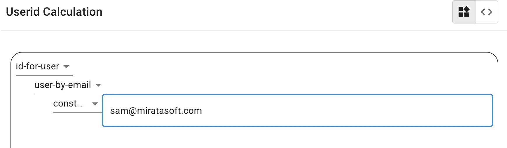 Mirata Userid Calculation screen for assigning forms to a user by email.