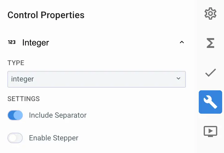 Mirata Control Properties panel for Integer Input configuration