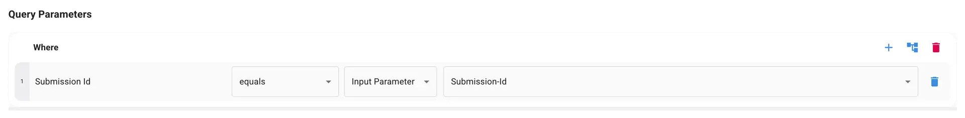 Mirata Query Parameters section for creating CSV reports with Submission Id condition.