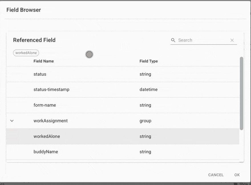 Mirata Field Browser interface showing field selection for enabling a field based on another answer.